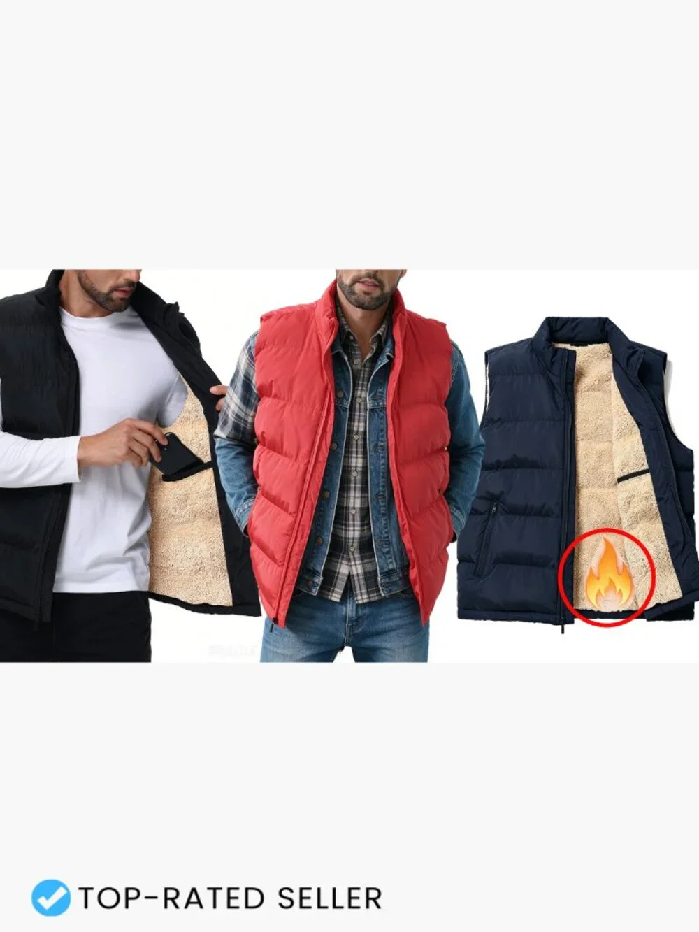 Men's Quilted Puffer Vest Fleece Lined Sleeveless Insulated Zip Up Water